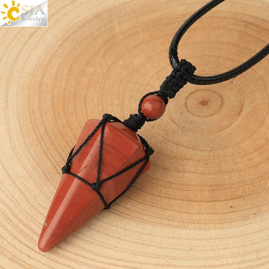 CSJA Natural Stone Cone Pendants Crystal Quartz Black Rope Wrapped Treatment Stones Necklace for Men Female Fashion Jewelry G173 - Concordia Style Boutique