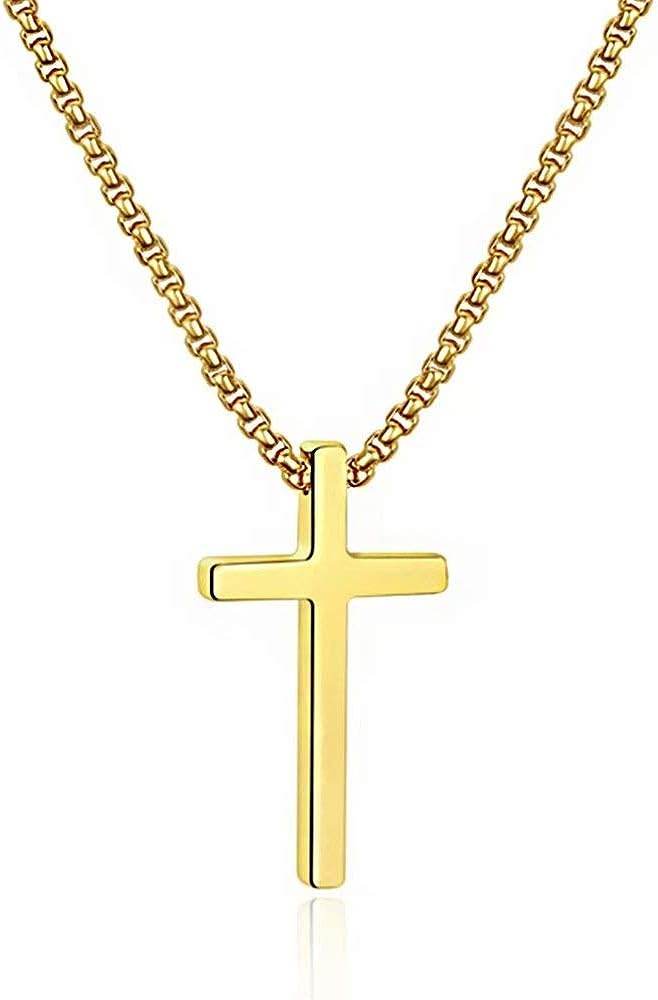 M MOOHAM Cross Necklace for Men, Silver Black Gold Stainless Steel Plain Cross Pendant Necklace for Men Box Chain 16-30 Inch - Concordia Style Boutique