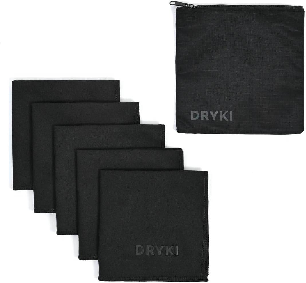 DRYKI - Sweat Absorbing Handkerchiefs - The Original Sport Microfiber Hankies for Wicking Sweat from Hands, Face, Body (Classic Black, 5 Pack) - Concordia Style Boutique