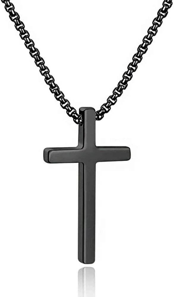 M MOOHAM Cross Necklace for Men, Silver Black Gold Stainless Steel Plain Cross Pendant Necklace for Men Box Chain 16-30 Inch - Concordia Style Boutique