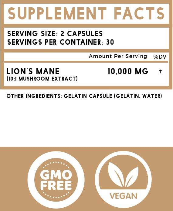 Lion’s Mane Mushroom Capsules 10,000 mg - 10:1 Hericium Powder Extract Supplement- Focus, Clarity and Cognition Supplement - Concordia Style Boutique