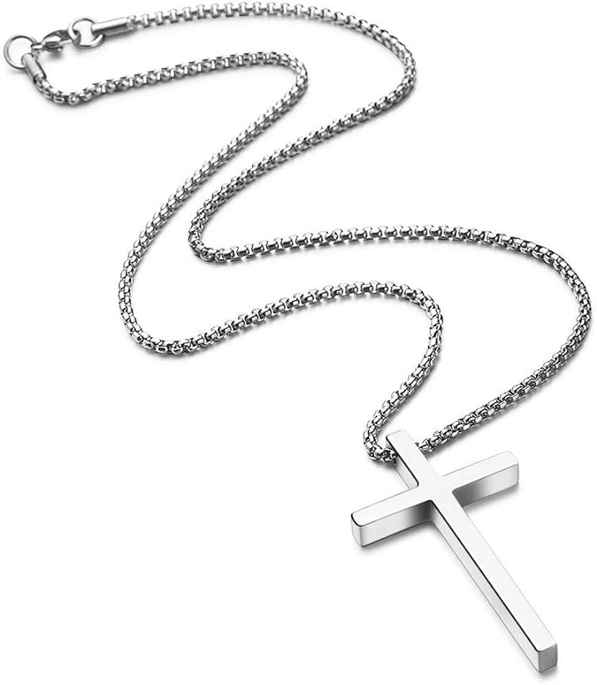 M MOOHAM Cross Necklace for Men, Silver Black Gold Stainless Steel Plain Cross Pendant Necklace for Men Box Chain 16-30 Inch - Concordia Style Boutique