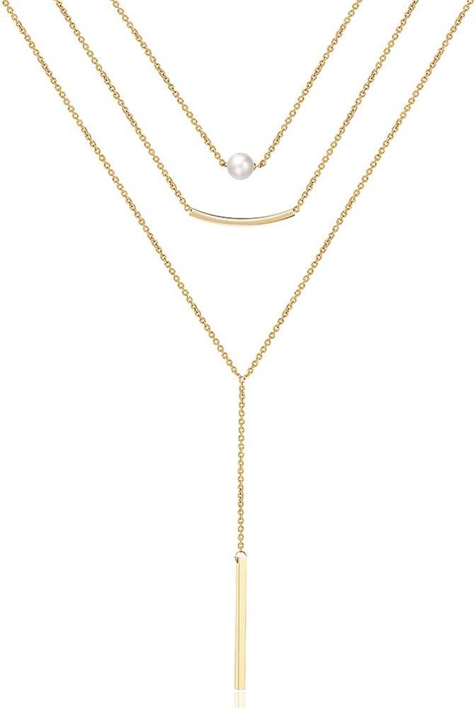 Turandoss Dainty Layered Choker Necklace, Handmade 14K Gold Plated Y Pendant Necklace Multilayer Bar Disc Necklace Adjustable Layering Choker Necklaces for Women - Concordia Style Boutique