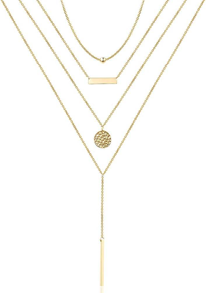 Turandoss Dainty Layered Choker Necklace, Handmade 14K Gold Plated Y Pendant Necklace Multilayer Bar Disc Necklace Adjustable Layering Choker Necklaces for Women - Concordia Style Boutique