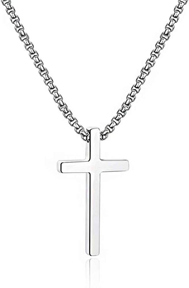 M MOOHAM Cross Necklace for Men, Silver Black Gold Stainless Steel Plain Cross Pendant Necklace for Men Box Chain 16-30 Inch - Concordia Style Boutique