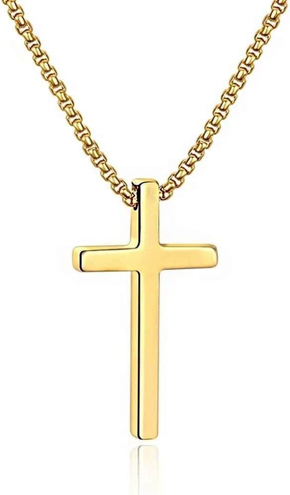 M MOOHAM Cross Necklace for Men, Silver Black Gold Stainless Steel Plain Cross Pendant Necklace for Men Box Chain 16-30 Inch - Concordia Style Boutique
