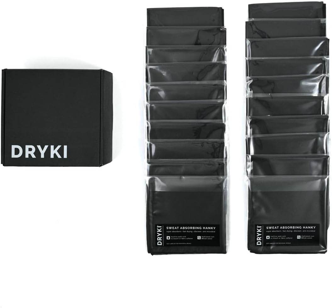 DRYKI - Sweat Absorbing Handkerchiefs - The Original Sport Microfiber Hankies for Wicking Sweat from Hands, Face, Body (Classic Black, 5 Pack) - Concordia Style Boutique