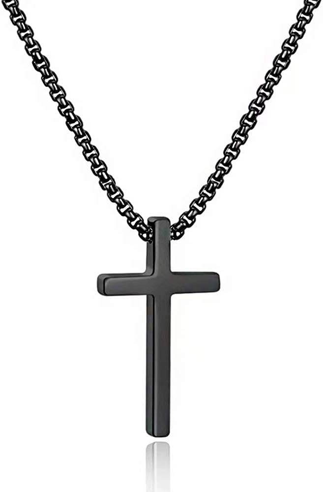 M MOOHAM Cross Necklace for Men, Silver Black Gold Stainless Steel Plain Cross Pendant Necklace for Men Box Chain 16-30 Inch - Concordia Style Boutique