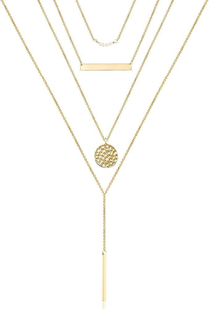 Turandoss Dainty Layered Choker Necklace, Handmade 14K Gold Plated Y Pendant Necklace Multilayer Bar Disc Necklace Adjustable Layering Choker Necklaces for Women - Concordia Style Boutique