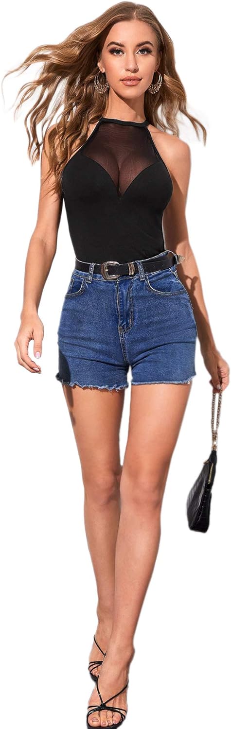 Women's Sheer Contrast Mesh Sleeveless Slim Fitted Halter Top - Concordia Style Boutique