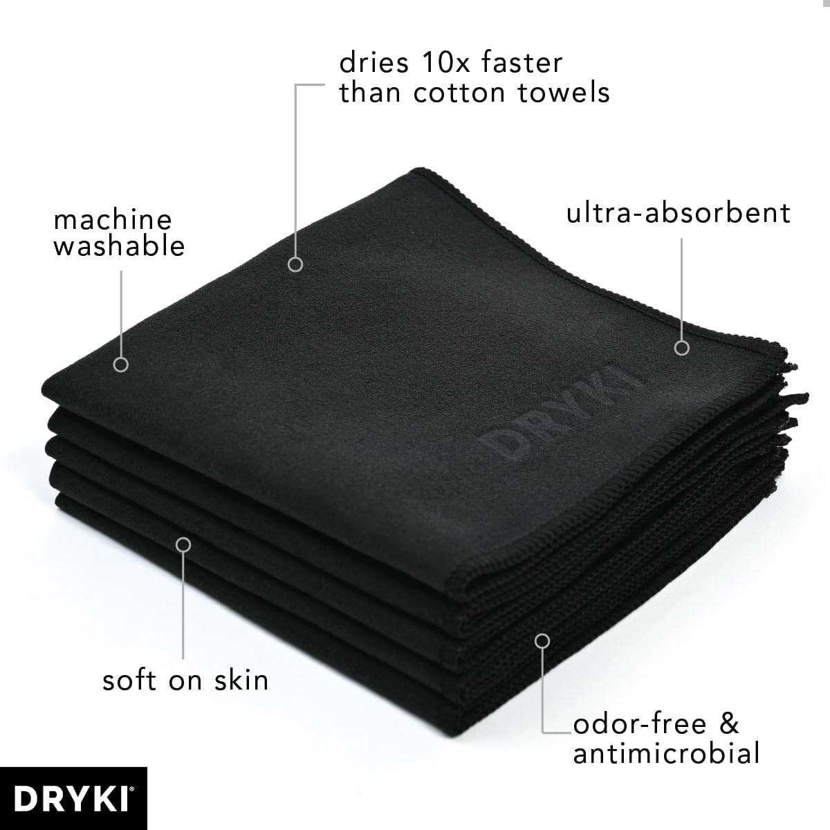DRYKI - Sweat Absorbing Handkerchiefs - The Original Sport Microfiber Hankies for Wicking Sweat from Hands, Face, Body (Classic Black, 5 Pack) - Concordia Style Boutique