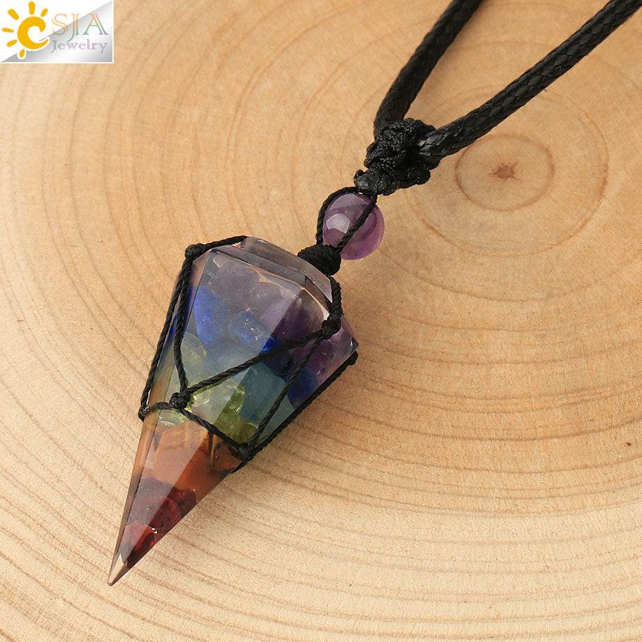 CSJA Natural Stone Cone Pendants Crystal Quartz Black Rope Wrapped Treatment Stones Necklace for Men Female Fashion Jewelry G173 - Concordia Style Boutique
