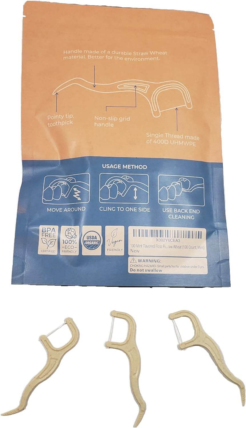 100 Mint Flavored Floss Picks | BPA Free, Eco-Friendly for Adults and Kids | Very Durable Sustainable Straw Wheat (100 Count, Mint) - Concordia Style Boutique
