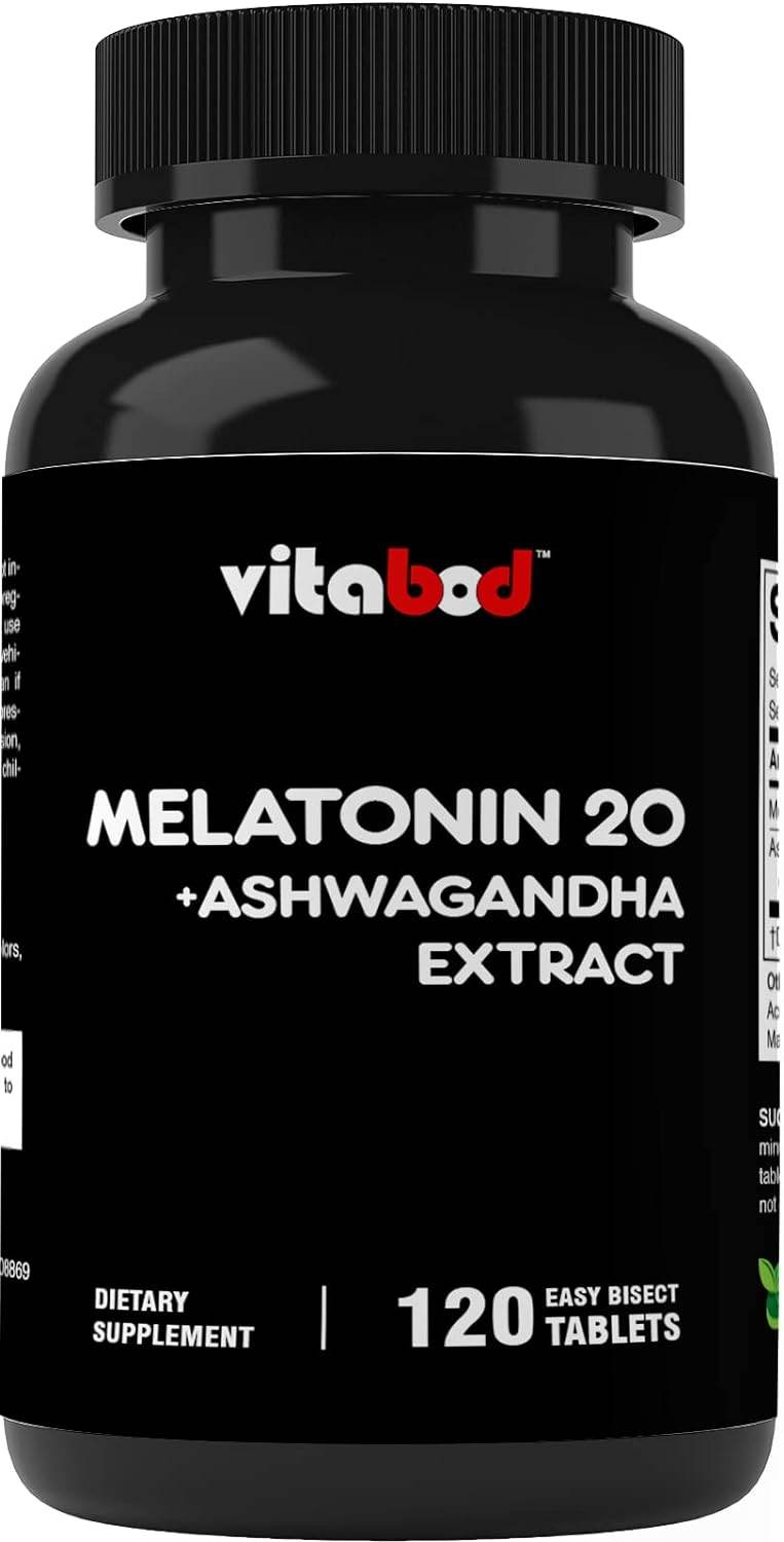 Vitabod Melatonin 20mg with Ashwagandha 4:1 Extract 250mg, Calm Mood & Antioxidant Action, 120 Tablets - Concordia Style Boutique