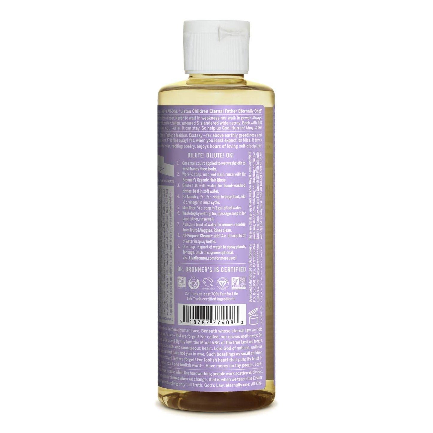 Dr. Bronner's - Pure-Castile Liquid Soap (Lavender, 8 ounce) - Made with Organic Oils, 18-in-1 Uses: Face, Body, Hair, Laundry, Pets and Dishes, Concentrated, Vegan, Non-GMO - Concordia Style Boutique
