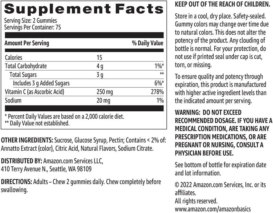 Amazon Basics Vitamin C 250 mg Gummy, Orange, 150 Gummies (2 per Serving), Immune Health (Previously Solimo) - Concordia Style Boutique
