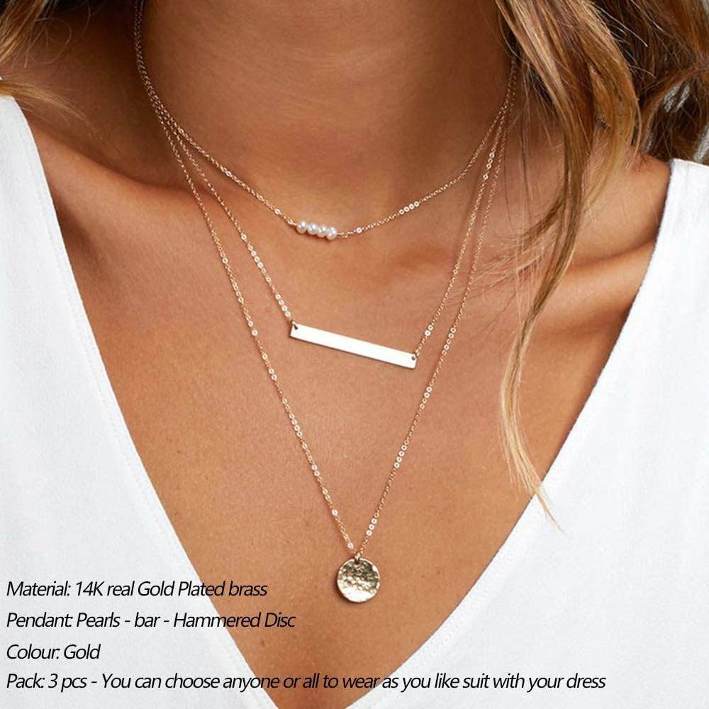Turandoss Dainty Layered Choker Necklace, Handmade 14K Gold Plated Y Pendant Necklace Multilayer Bar Disc Necklace Adjustable Layering Choker Necklaces for Women - Concordia Style Boutique