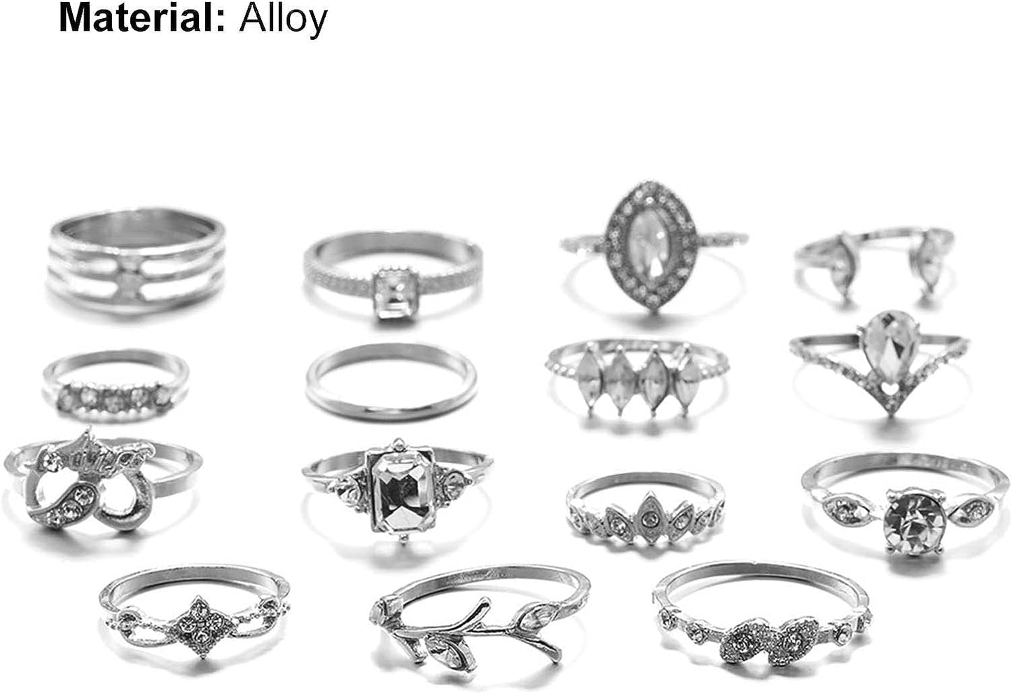 15 Pcs/Set Rhinestone Finger Rings, Individuality Creative Alloy Different Patterns Rhinestone Rings for Women Silver 1.7cm/0.67" - Premium rings from Concordia Style Boutique - Just $3.61! Shop now at Concordia Style Boutique