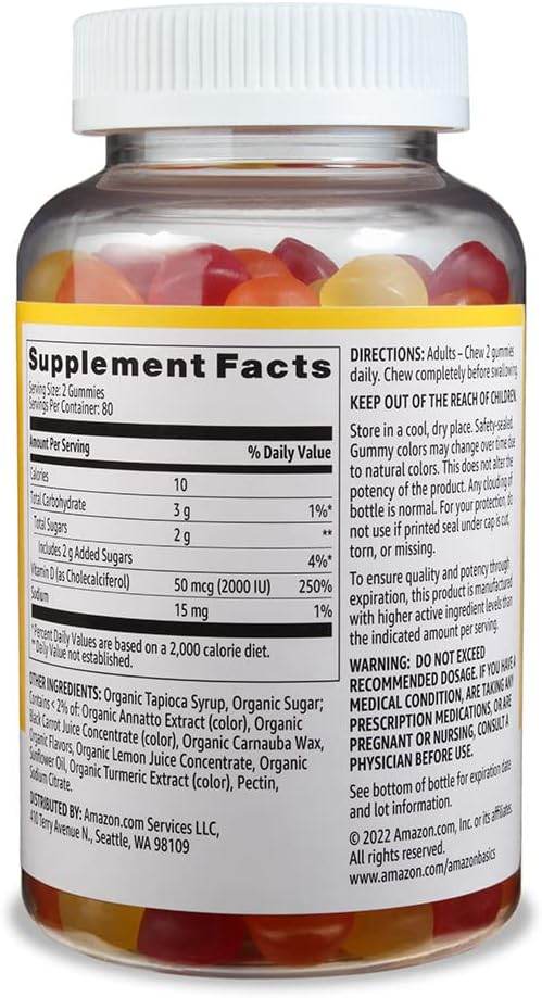 Amazon Basics Vitamin D3 2000 IU Gummies, Orange, Lemon & Strawberry, 160 Count (2 per Serving) (Previously Solimo) - Concordia Style Boutique