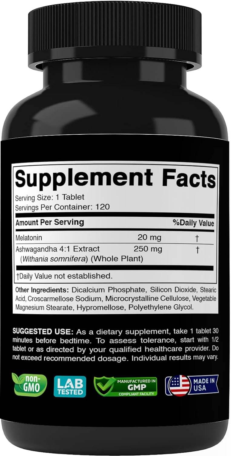 Vitabod Melatonin 20mg with Ashwagandha 4:1 Extract 250mg, Calm Mood & Antioxidant Action, 120 Tablets - Concordia Style Boutique