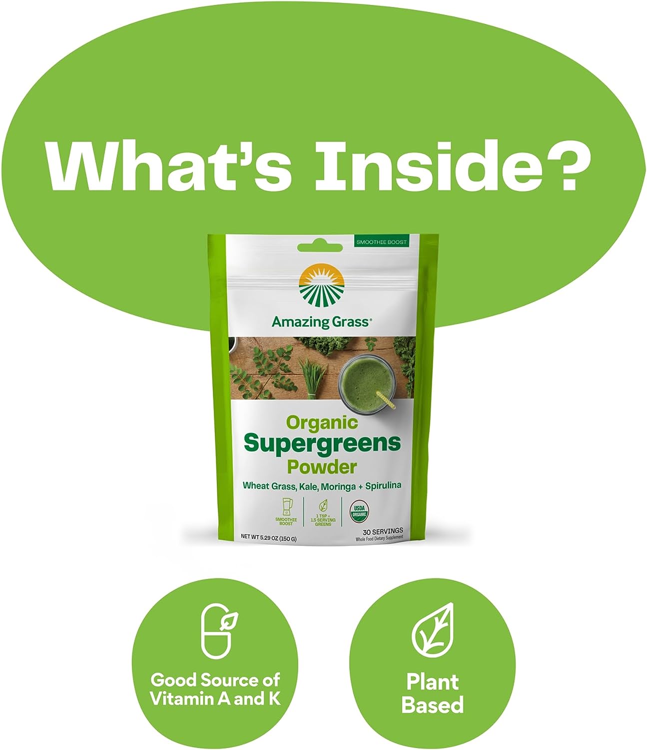 Greens Powder Smoothie Mix with Spirulina, Moringa, Wheat Grass & Kale Smoothie Booster, Chlorophyll Providing Greens, 30 Servings - Concordia Style Boutique