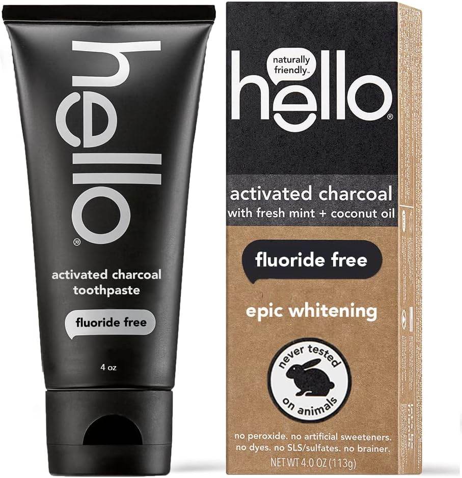 Hello Activated Charcoal Epic Teeth Whitening Fluoride Free Toothpaste, Fresh Mint and Coconut Oil, Vegan, SLS Free, Gluten Free and Peroxide Free, 4 Ounce - Concordia Style Boutique
