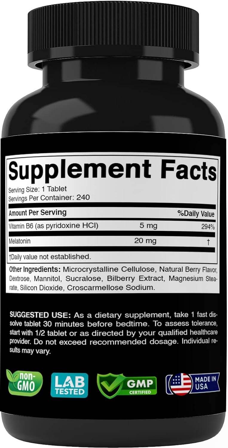 Vitabod Melatonin 20mg - 240 Fast Dissolve Tablets - Drug Free - Natural Berry Flavor - Vegetarian, Non-GMO, Gluten Free - Concordia Style Boutique