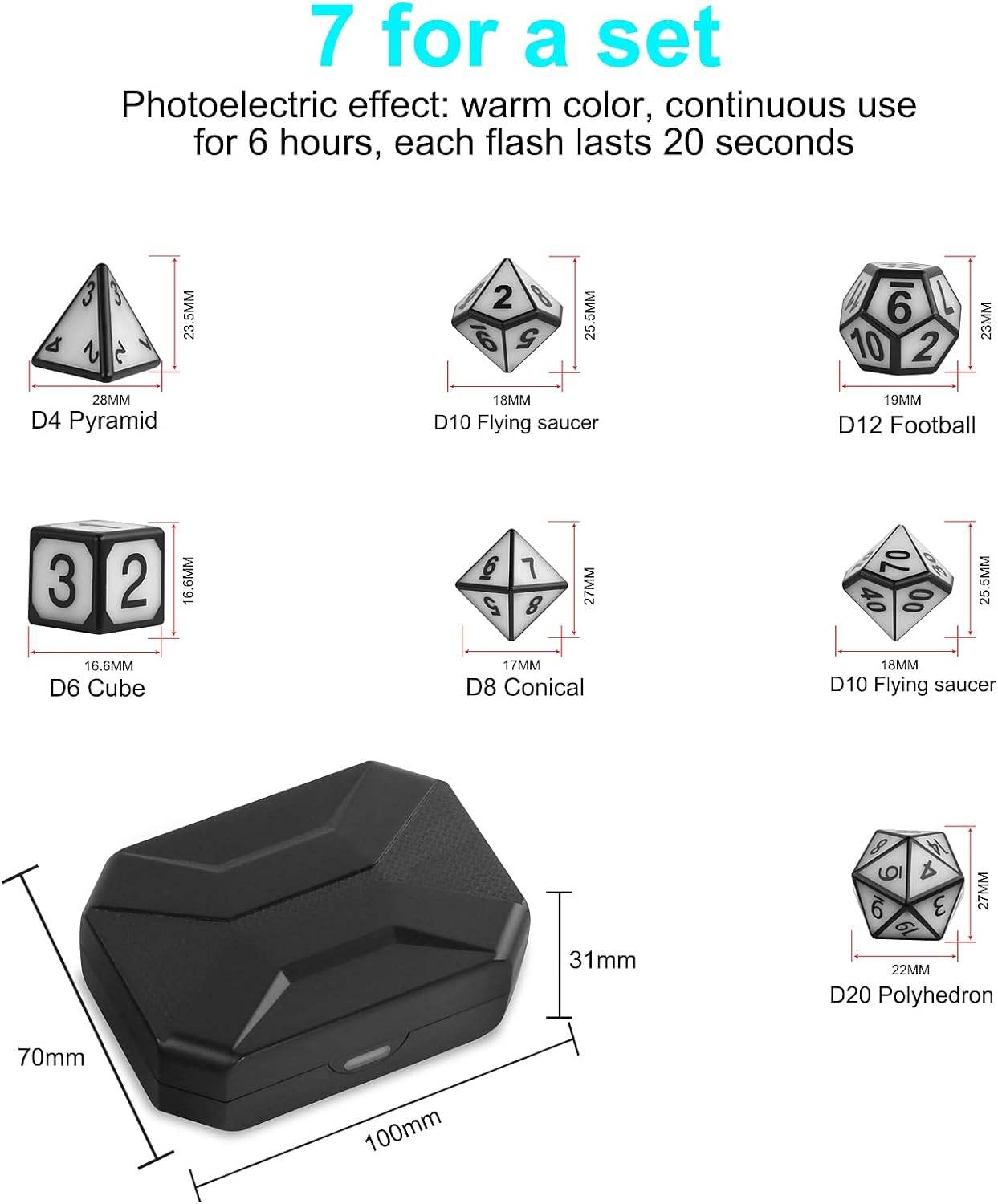 Light Up D&D Dice (Set of 7 USB Dice) - Concordia Style Boutique
