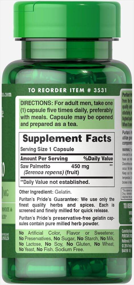 Puritan's Pride Saw Palmetto 450 Mg, Supports Prostate and Urinary Health, 100 Count - Concordia Style Boutique