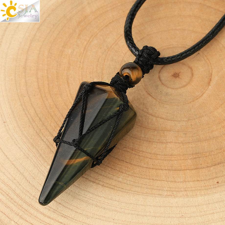 CSJA Natural Stone Cone Pendants Crystal Quartz Black Rope Wrapped Treatment Stones Necklace for Men Female Fashion Jewelry G173 - Concordia Style Boutique