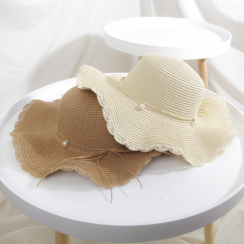 Straw Hat Women's Summer Wave along Pearl Bow Wide Brim Hat Korean Style Travel Beach Sun Protection Sun Hat