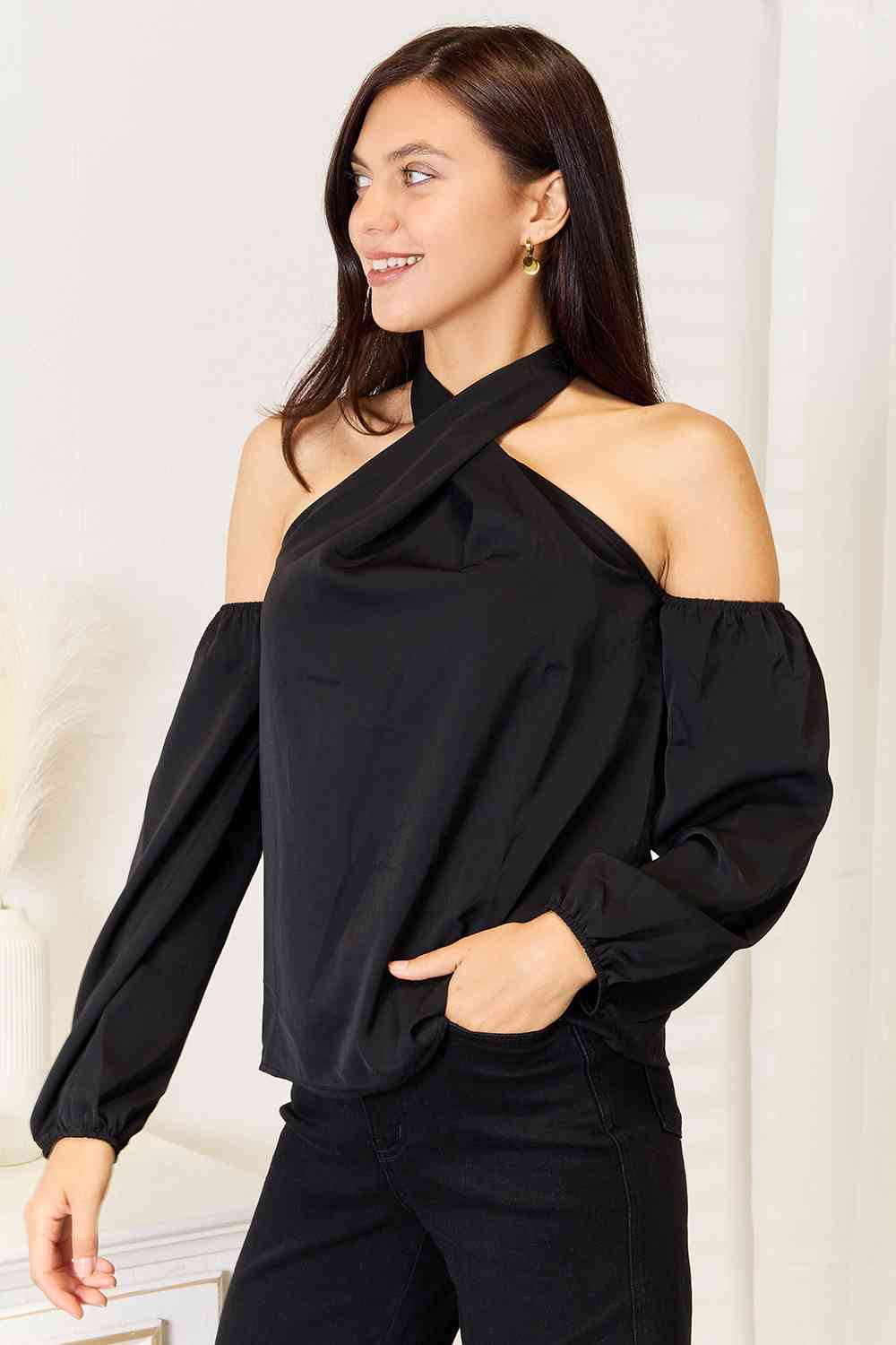 Double Take Grecian Cold Shoulder Long Sleeve Blouse - Concordia Style Boutique