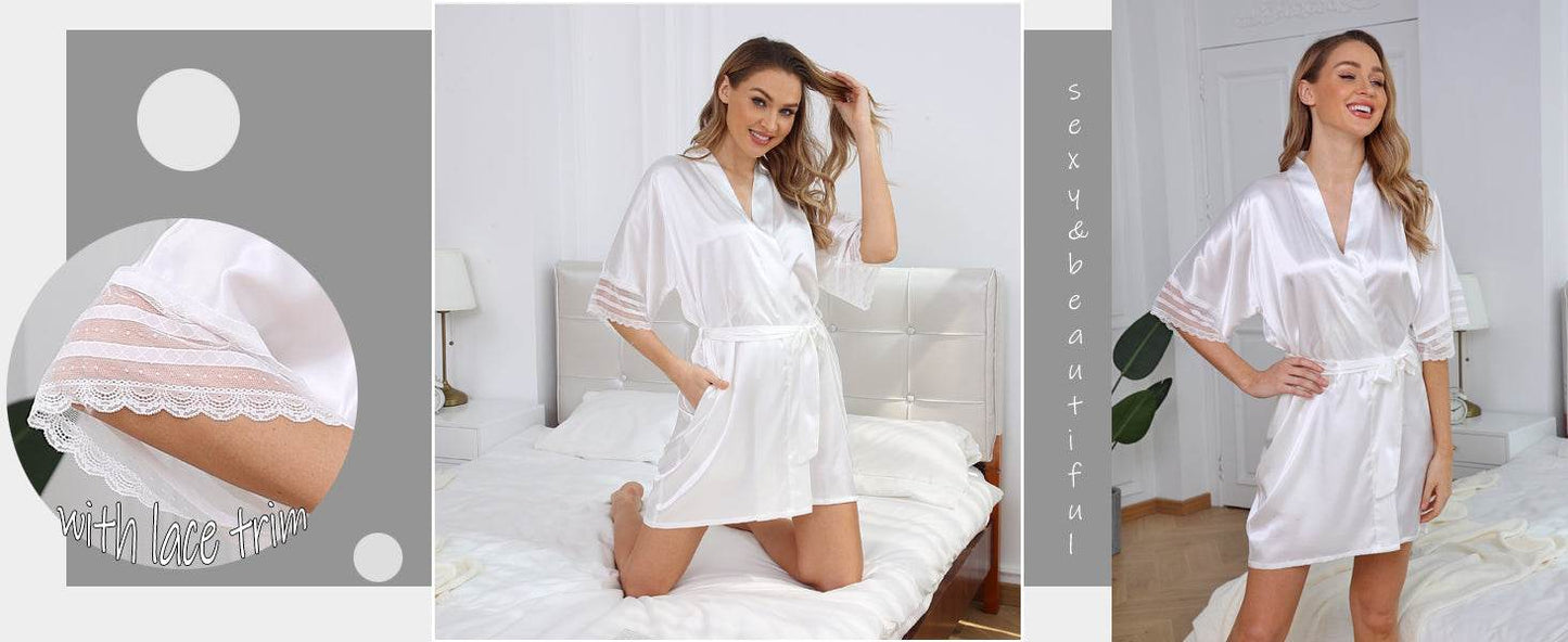 The Bund Women's Satin Robes Bride Bridesmaid Lace Short Silk Wedding Party Lightweight Bathrobe Soft Sleepwear S-XXXL - Concordia Style Boutique