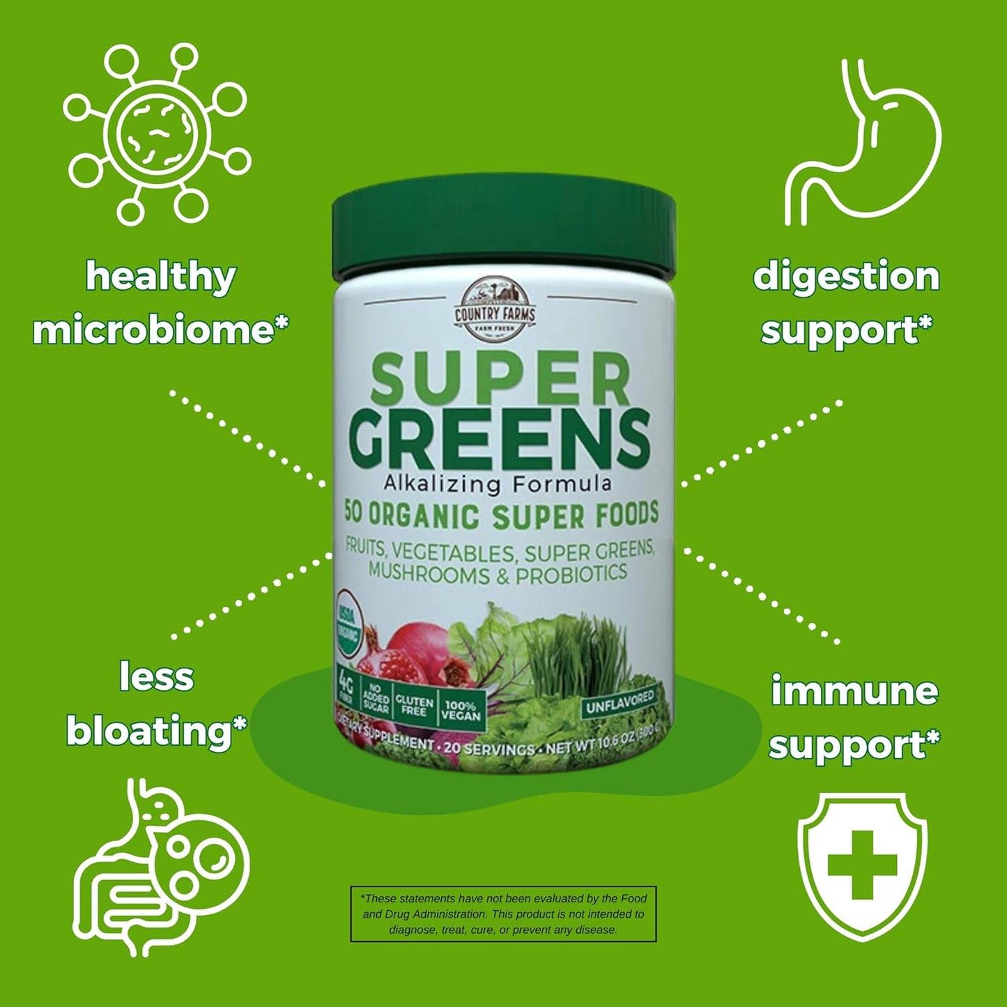 Super Greens Natural Flavor, 50 Organic Super Foods, USDA Organic Drink Mix, Mushrooms & Probiotics, Supports Energy, 20 Servings, 10.6 Oz - Concordia Style Boutique