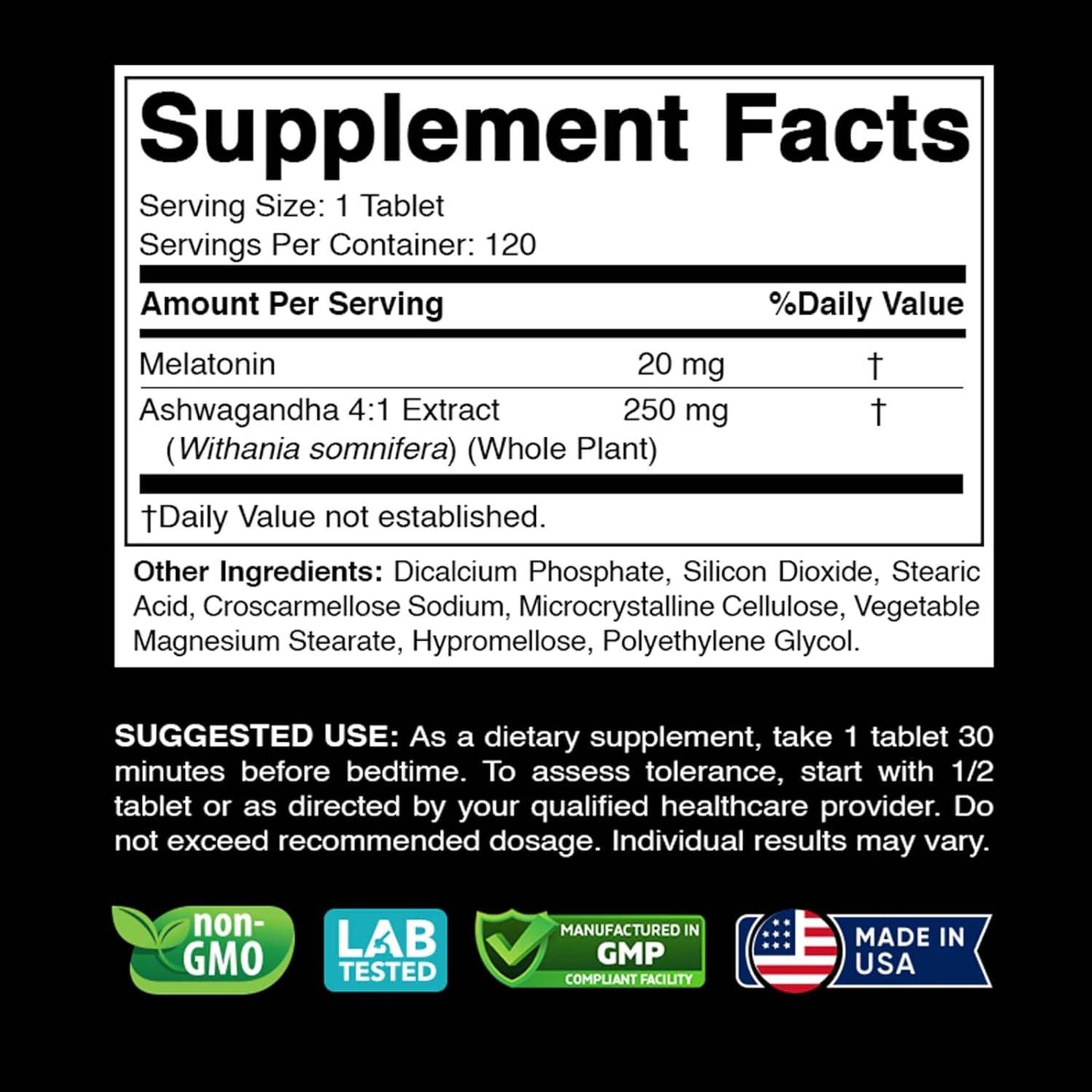Vitabod Melatonin 20mg with Ashwagandha 4:1 Extract 250mg, Calm Mood & Antioxidant Action, 120 Tablets - Concordia Style Boutique