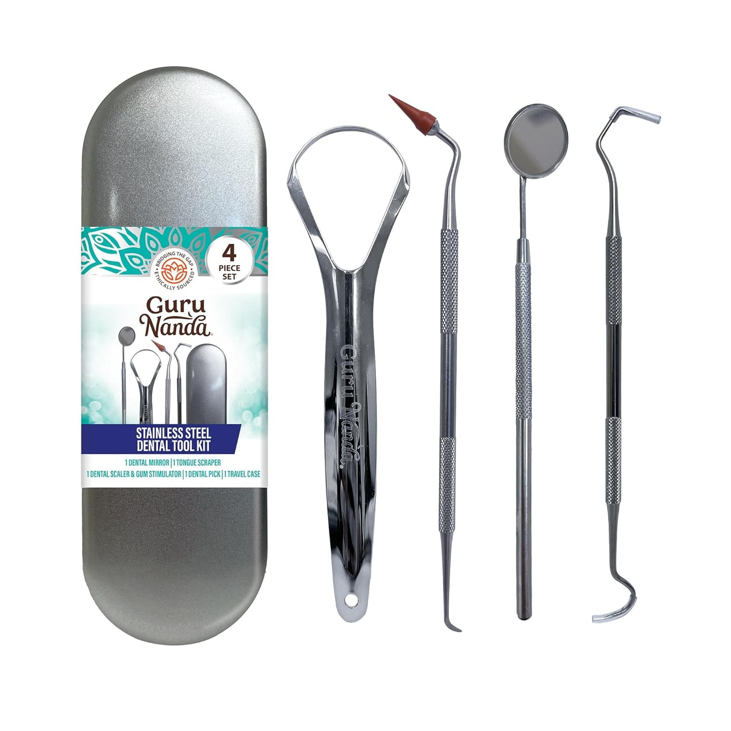 GuruNanda Dental Guru Dental Tools - Complete Dental Care Kit with Toothbrush, Dental Mirror, Tongue Cleaner & Dental Pick - Set of 4 Oral Care and Teeth Cleaner, White - Concordia Style Boutique