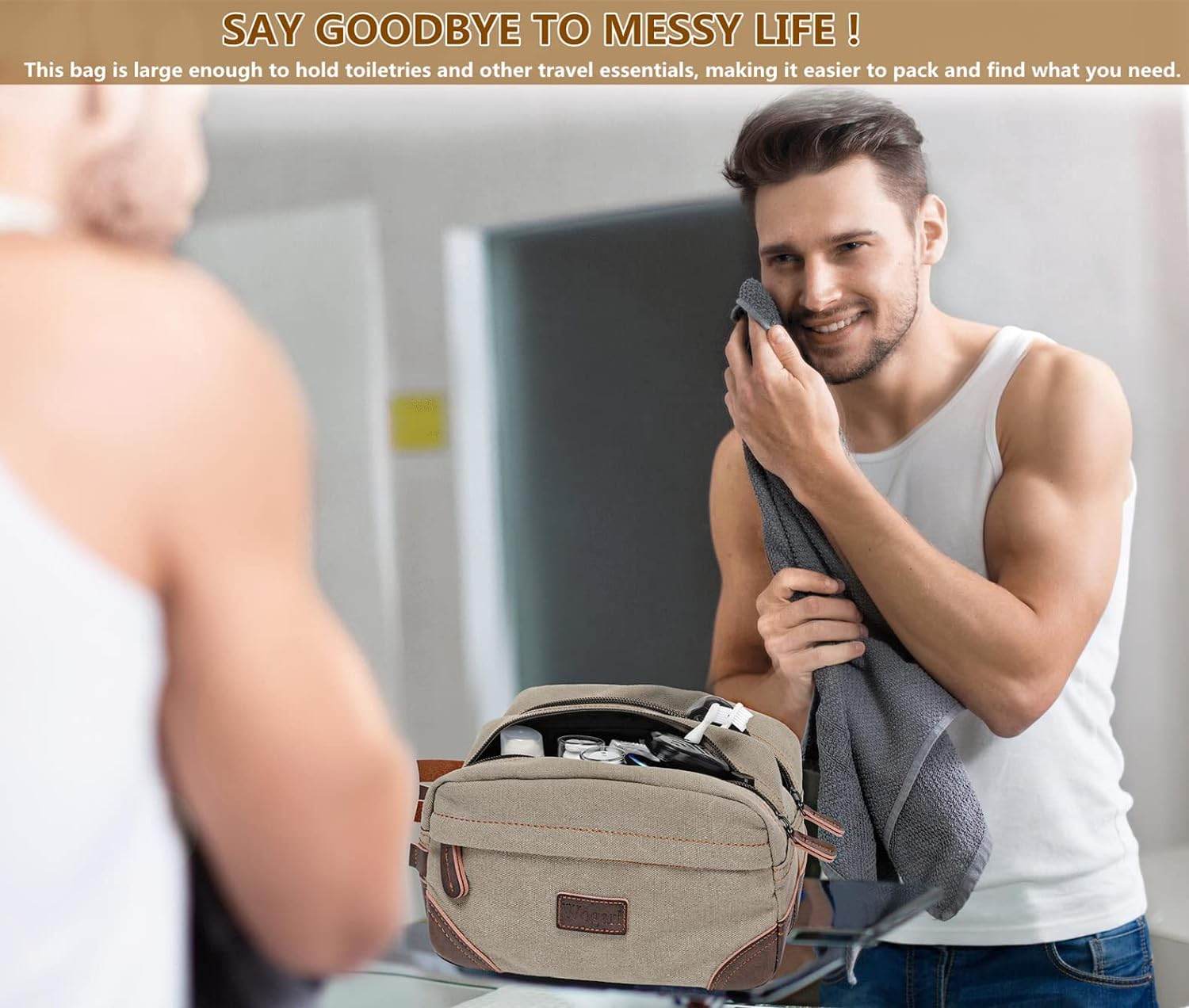 Toiletry Bag for Men, Leather and Canvas Travel Toiletry Bag Dopp Kit Shaving Bag for Travel Accessories (Light Grey) - Concordia Style Boutique