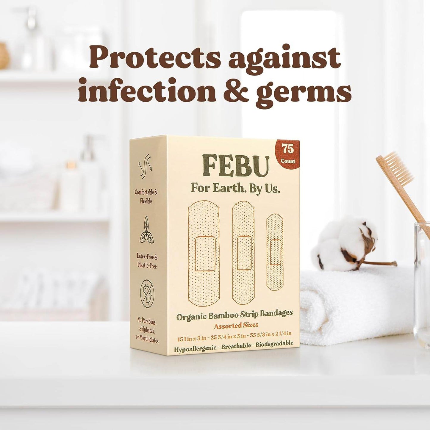 Eco-Friendly Organic Bamboo Fabric Bandages for Sensitive Skin | Flexible Latex Free Bandages | Natural Hypoallergenic Bandages for Scrapes, Cuts & First Aid | 75 Count Variety Pack - Concordia Style Boutique