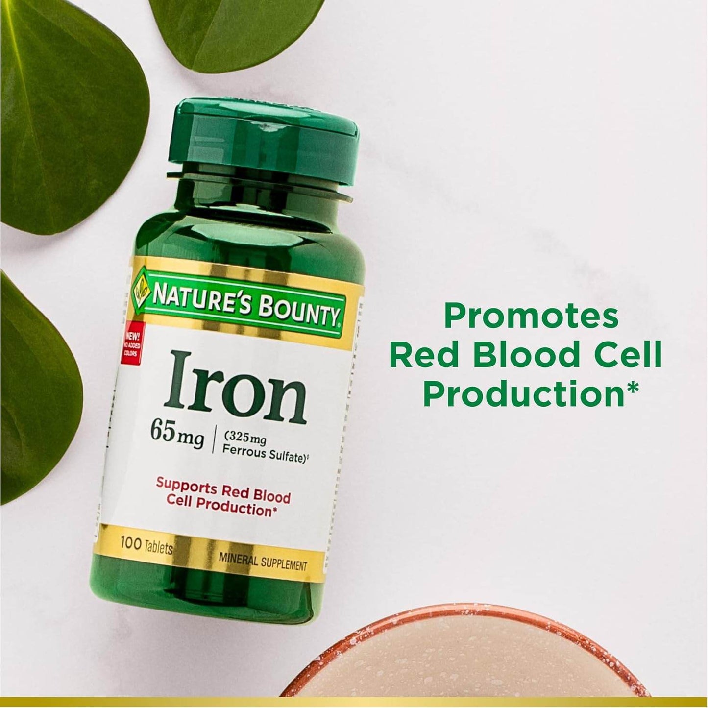 Nature's Bounty Iron 65mg, 325 mg Ferrous Sulfate, Cellular Energy Support, Promotes Normal Red Blood Cell Production, 100 Tablets - Concordia Style Boutique