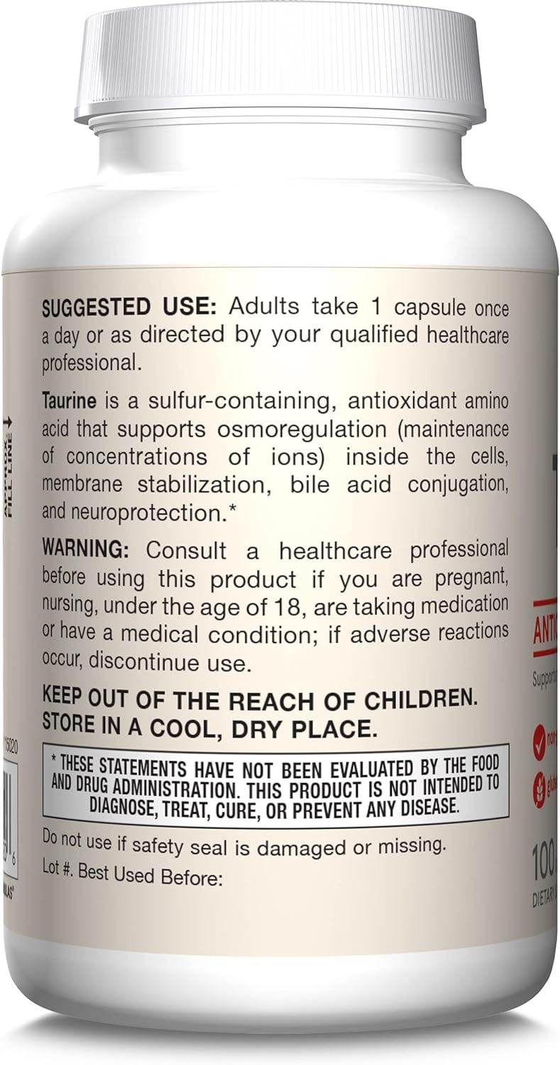 Taurine 1000 mg - 100 Capsules - Antioxidant Amino Acid - Brain Health & Function - Pharmaceutical Grade Taurine Capsules - 100 Servings - Concordia Style Boutique