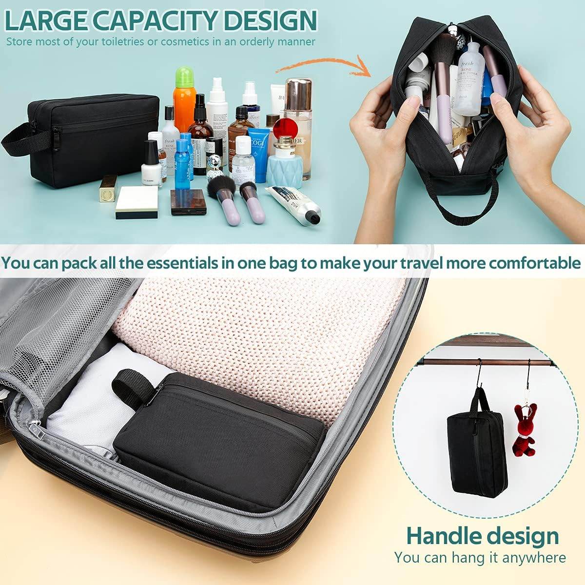 Travel Toiletry Bag for Women and Men, Water-resistant Shaving Bag for Toiletries Accessories, Foldable Storage Bags with Divider and Handle for Cosmetics Toiletries Brushes Tools (Black) - Concordia Style Boutique
