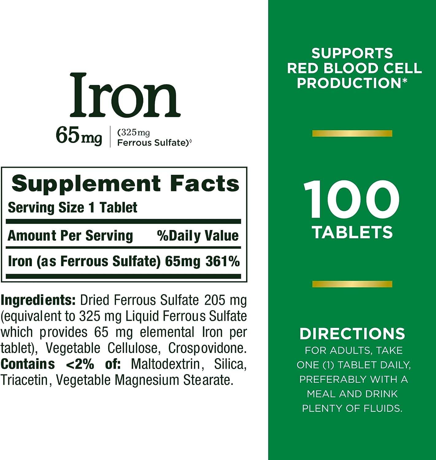Nature's Bounty Iron 65mg, 325 mg Ferrous Sulfate, Cellular Energy Support, Promotes Normal Red Blood Cell Production, 100 Tablets - Concordia Style Boutique
