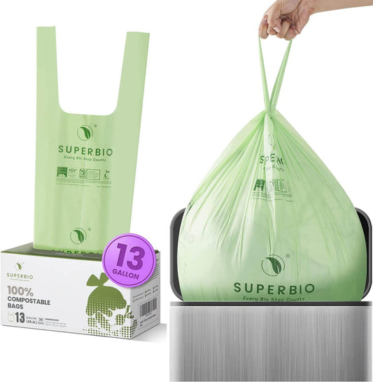 SUPERBIO 2.6 Gallon Compostable Handle Tie Bags, 100 Count,1 Pack, Small Compost Garbage Bags with Handle, Food scrap bags Certified by BPI Meeting ASTM D6400, 9.84L - Concordia Style Boutique