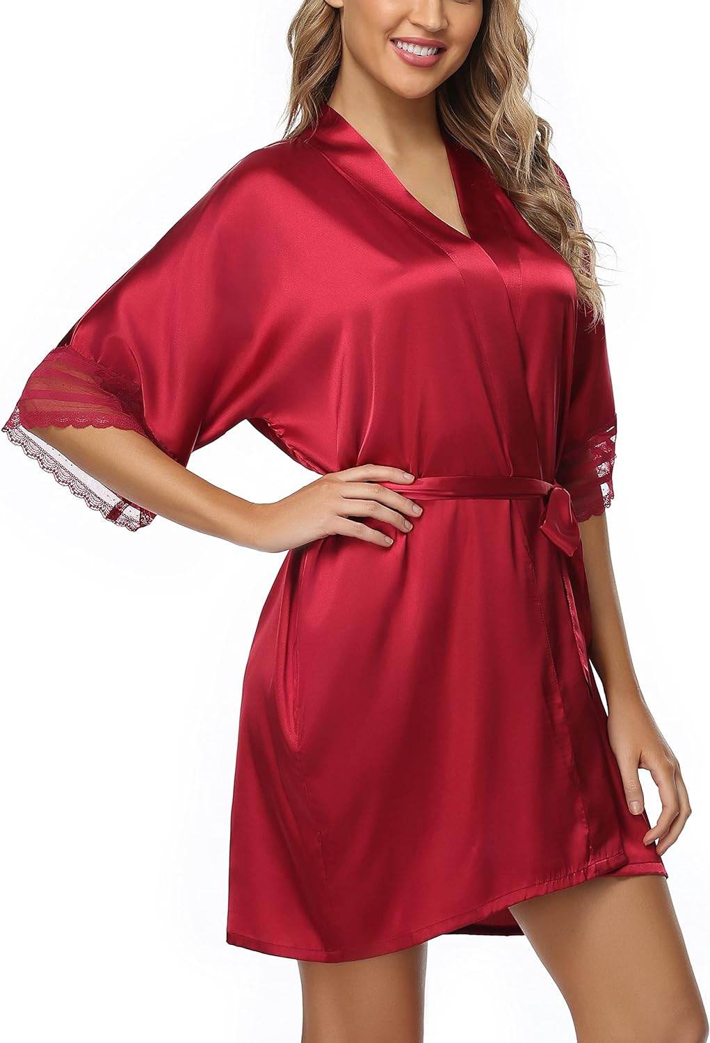 The Bund Women's Satin Robes Bride Bridesmaid Lace Short Silk Wedding Party Lightweight Bathrobe Soft Sleepwear S-XXXL - Concordia Style Boutique