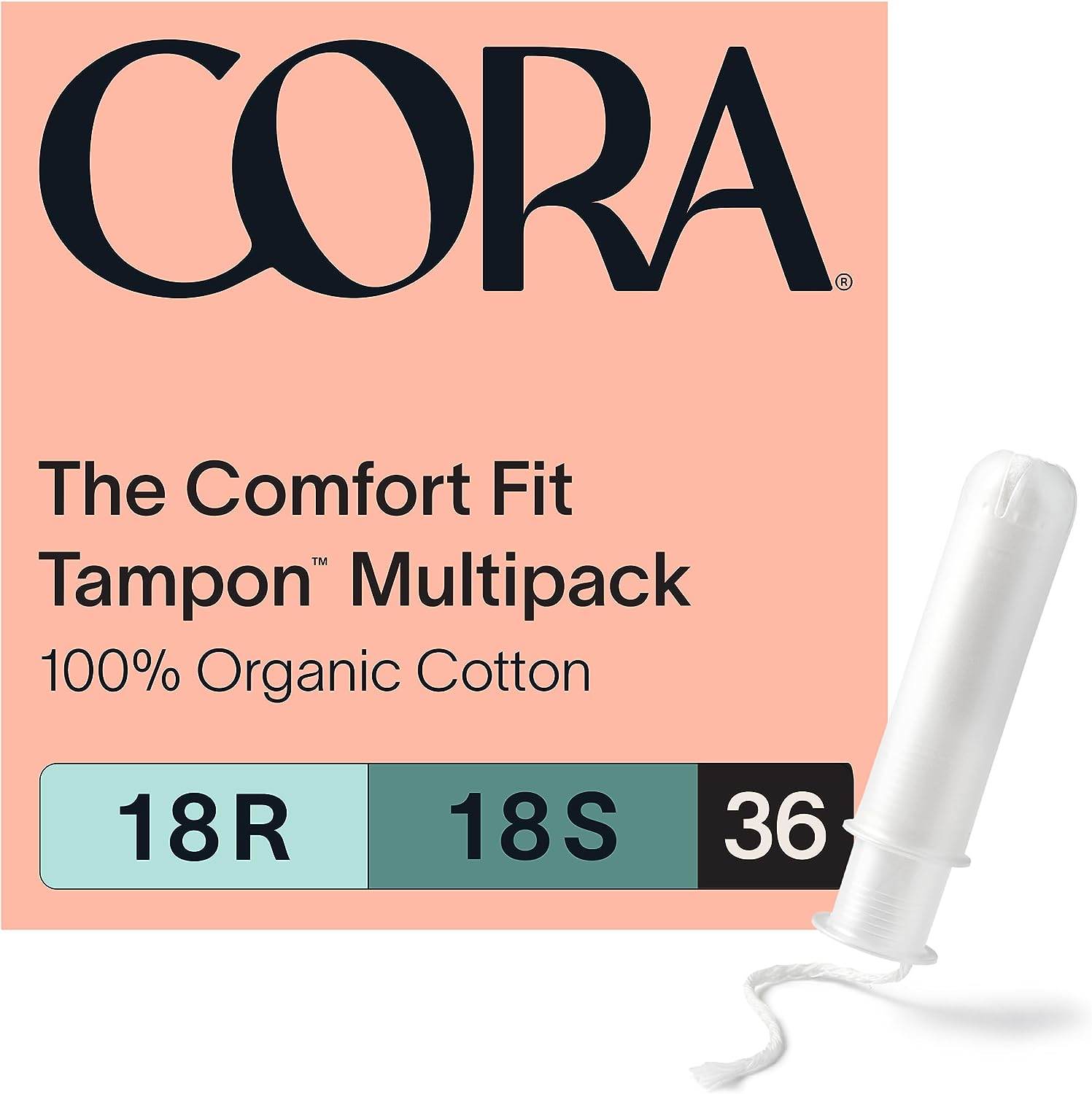 Cora Organic Applicator Tampon Multipack | 18 Regular & 18 Super Absorbency | 100% Organic Cotton, Unscented, Plant-Based Compact Applicator | Leak Protection Easy Insertion Non-Toxic - Concordia Style Boutique
