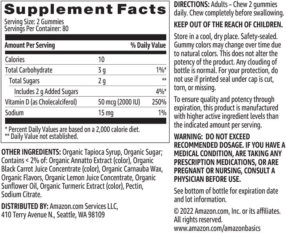 Amazon Basics Vitamin D3 2000 IU Gummies, Orange, Lemon & Strawberry, 160 Count (2 per Serving) (Previously Solimo) - Concordia Style Boutique