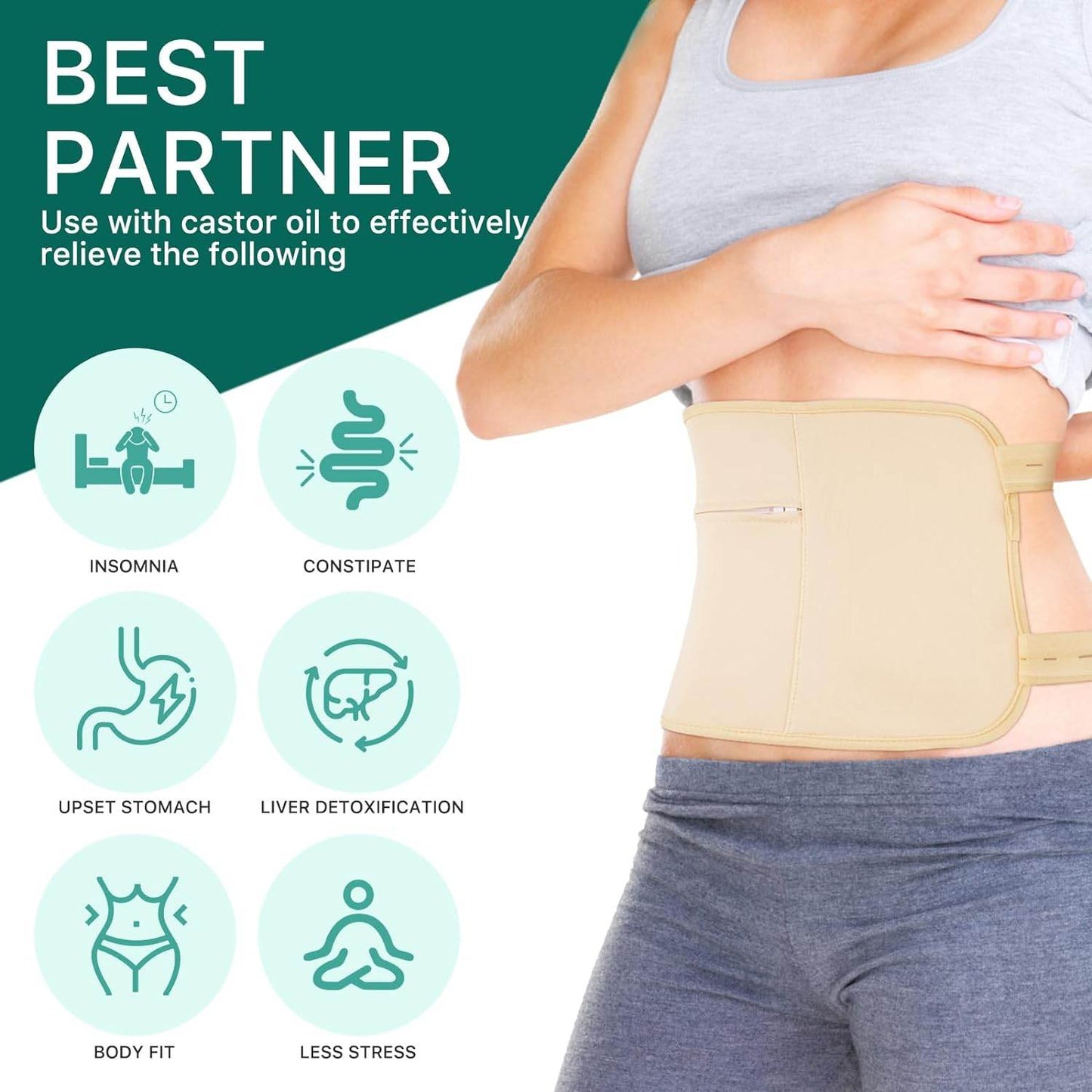 Castor Oil Pack Wrap for Liver and Thyroid Neck with 60 ml Organic Castor Oil, Reusable Organic Castor Oil Packs Kit - Flannel Cotton Anti Oil Leak - Concordia Style Boutique