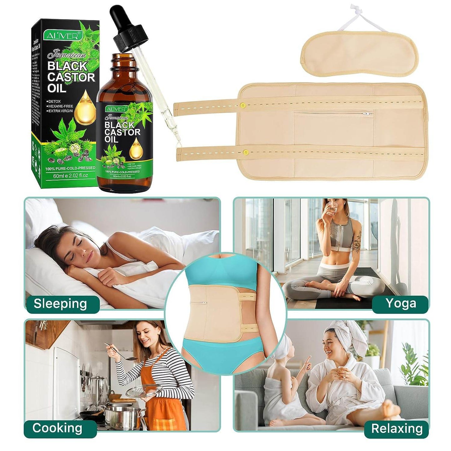Castor Oil Pack Wrap for Liver and Thyroid Neck with 60 ml Organic Castor Oil, Reusable Organic Castor Oil Packs Kit - Flannel Cotton Anti Oil Leak - Concordia Style Boutique