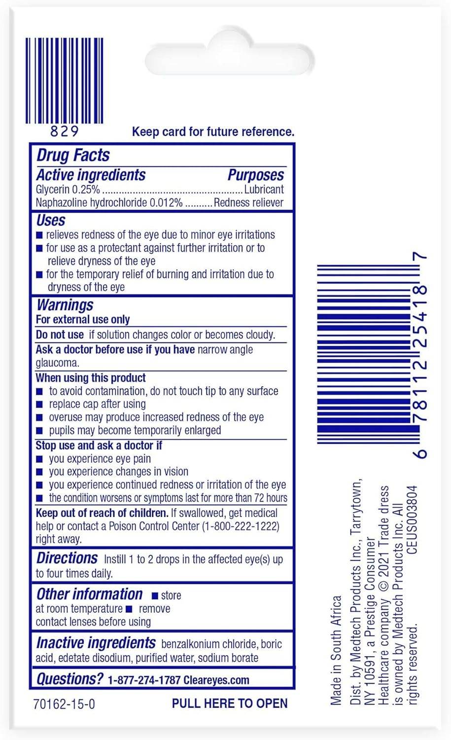 Clear Eyes Redness Eye Relief Eye Drops, Relieves Redness & Calms Irritation, 0.2 Fl Oz - Concordia Style Boutique