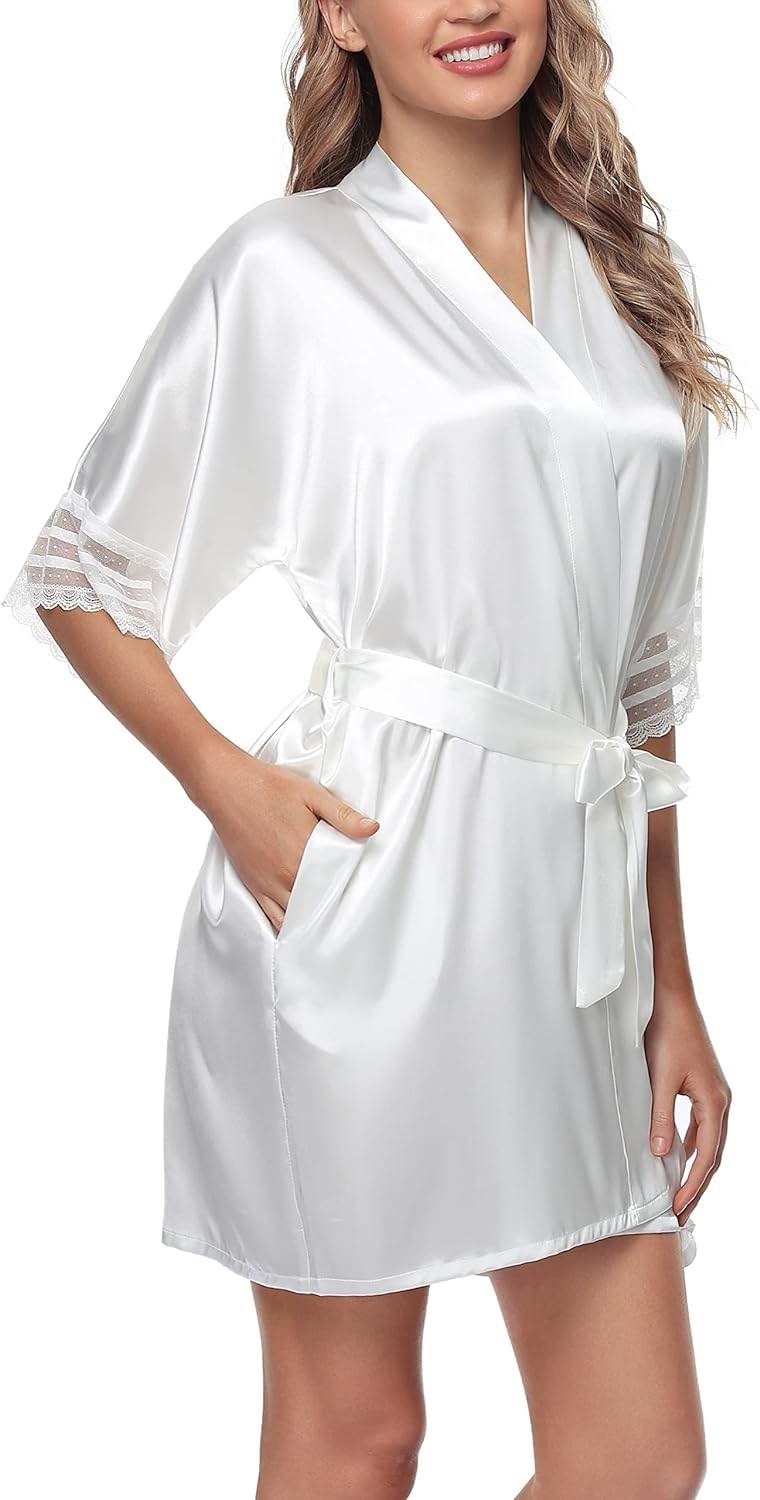 The Bund Women's Satin Robes Bride Bridesmaid Lace Short Silk Wedding Party Lightweight Bathrobe Soft Sleepwear S-XXXL - Concordia Style Boutique